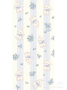 a wallpaper with two rabbits and flowers on the border, in pastel colors