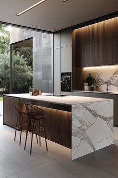 a modern kitchen with marble counter tops and bar stools in front of an open window