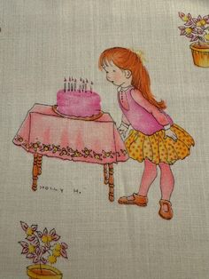 Great collection of five vintage novelty fabric proofs. Holly Hobbie fabric with vibrant, pink oranges and yellow depicting birthday party scenes, including birthday cake, balloons,making the cake, making friends. Attached tag reads Highland Textile Printers  Company with approval of finish so each piece may be made out of a slightly different fabric either cotton or polyester blends. All feel like a thin cotton voile material.  Each piece measures approximately , 44" x 19", with one piece measuring slighty smaller. Birthday Cake Balloons, Cake Balloons, Traditional Family, Cattle Ranching, Cake Making, Novelty Fabric, Party Scene, Holly Hobbie, Cotton Voile