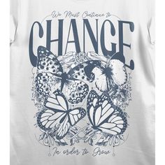 Embrace transformation with this women’s white crew neck short sleeve t-shirt, featuring captivating butterflies and “We Must Continue To Change” in bold black and blue lettering. Made from cotton, it offers comfort and a powerful message. For easy care, machine wash this graphic tee on cold with like colors and tumble dry on low heat. Butterfly Tshirt Design, Beach Illustration, White Crew Neck, Sleeve Packaging, Def Leppard, Bold Black, Sleeves (women), White Tshirt, Tee Shop