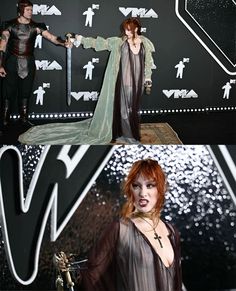 two pictures of people dressed in costumes and holding swords, one with red hair and the other with blue eyes