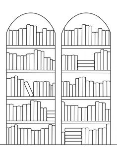 a black and white line drawing of bookshelves with books on each bookcase