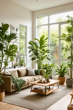 a living room filled with lots of potted plants in front of large open windows