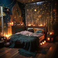 a bedroom decorated with candles and lights