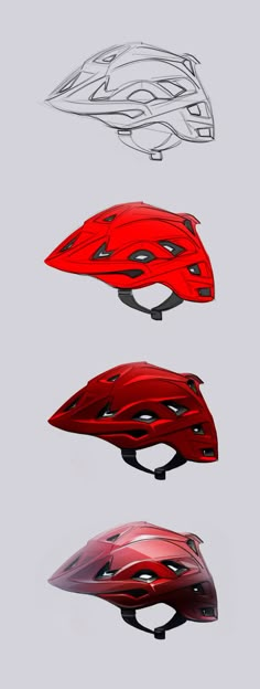 three different types of helmets on a gray background