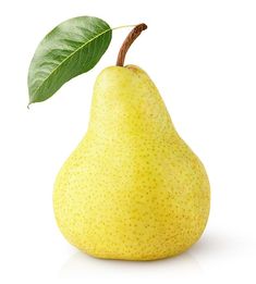 a pear with a green leaf on the top and white background stock photo - image