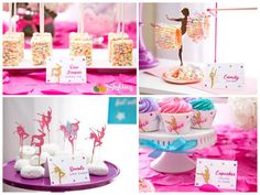 a collage of photos showing different types of desserts and cupcakes for a ballerina themed birthday party