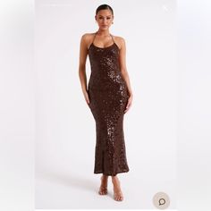 Brown Sequin Midi Length Meshki Dress, Size Xl, Never Worn, New With Tags Sultry Winter, Lucy Birthday, Satin Clutch, Long Gowns, Elegant Heels, Sequin Maxi Dress, Sequin Maxi, Out Outfits, Cowl Neckline