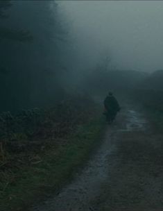 a person walking down a dirt road in the fog