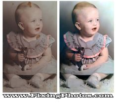 an old photo of a baby sitting on the floor and looking up at the camera