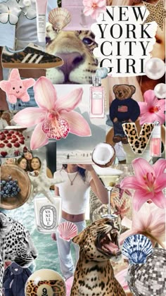 a collage of photos with flowers, leopards and other things on it's side