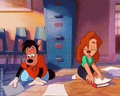 two cartoon characters sitting on the floor with papers in front of them and one is holding a book