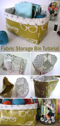 the fabric storage bin is filled with yarn and crochet