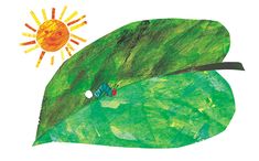 a child's drawing of a green leaf with a bug on it and the sun in the background