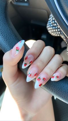 almond shape french tip nails with strawberries Almond Nails Designs Strawberry, French Strawberry Nails, Cute Nails Almond Shape Aesthetic, Kawaii Nails Acrylic Almond, Strawberry Acrylic Nails Designs, Spring Nails Almond Shape French Tip, Almond Shape Nail Art Designs, Cute Spring Nails Almond Shape, French Tip With Strawberry