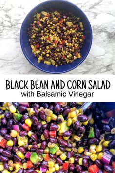 black bean and corn salad with balsamic vinegar in a blue bowl on a marble countertop