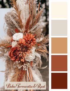 an arrangement of flowers and feathers on display in front of a color palette with the words boho terracotta & rust