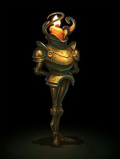 a golden robot with a lit candle in its hand, standing against a black background