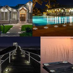 four different pictures with lights on the water and in front of a house at night