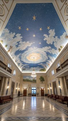 Whimsical Home Decor Ideas Cloud Ceiling Painting, Painted Sky Ceiling, Star Ceiling Design, Ceiling With Stars, Fairytale Interior, Pirate Ship Bedroom, Creative Ceiling Ideas, Celestial Ceiling, Ceiling Stars