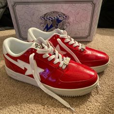 Good Condition Red And White Bapesta Sneakers Worn Twice. Bapeta Shoes, White Bapesta, Bapesta Sneakers, Bape Shoes, Custom Sneakers Diy, Custom Air Force 1, Custom Sneakers, Air Force 1, Mens Shoes Sneakers