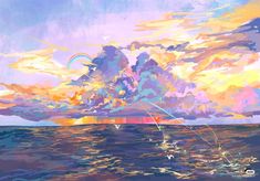 an abstract painting of clouds over the ocean with birds flying in the sky above it