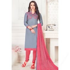 Exquisitely embroidered, this bluish grey poly cotton churidar suit will surely make a standout addition at every party you go. This collar neck and 3/4th sleeve suit are decorated using resham thread work. Set together with poly cotton churidar in punch pink color with punch pink nazneen dupatta. Churidar is plain. Dupatta is designed using resham thread work. This churidar suit can be customized up to the maximum size available in inches 58. Latest Salwar Kameez Designs, Kameez Designs, Latest Salwar Kameez, Wholesale Clothing Suppliers, Salwar Dress, Designer Salwar Suits, Salwar Kameez Designs, Indian Ethnic Wear