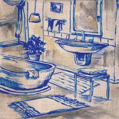 a blue and white drawing of a bathroom with sink, tub and mirror in it