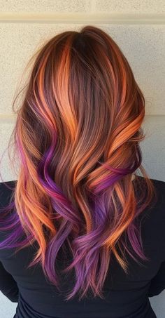 Fashion: #fashion, #style, #outfitinspiration, #beauty Fall Vibe Hair Color, Brown Roots Orange Hair, Halloween Highlights Hair, Chestnut Red Hair With Highlights, Fun Fall Colors For Hair, New Fall Hair Colors 2024, Orange Peek A Boo Hair, Fall Leaf Hair Color, Unique Hair Ideas Color