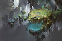 a digital painting of an island surrounded by rocks and water in the middle of a cave