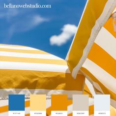 an umbrella with yellow and white stripes is shown in color swatches for the beach