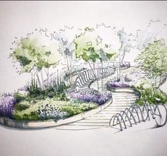 a drawing of a garden with trees and flowers on the ground, along with a bike path