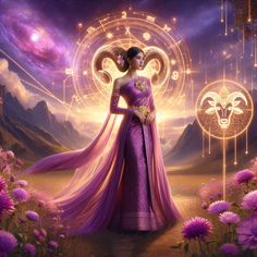 a woman in a purple dress standing next to flowers and an astrological wheel behind her