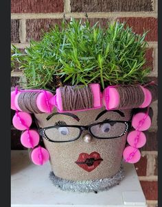 a potted plant with pink flowers and glasses on it's head, sitting next to a brick wall