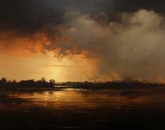 an oil painting of a sunset with clouds and trees in the distance, over water