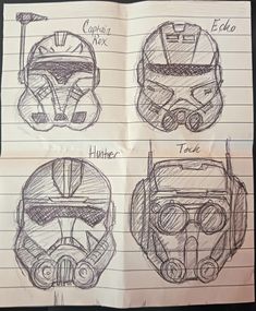 three drawings of helmets on lined paper