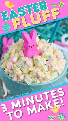 an easter fluff recipe in a bowl with the title, 3 minutes to make