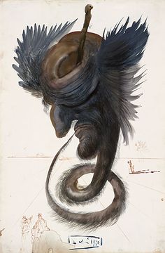 a drawing of an animal with wings on it's head and tail, in front of a white background