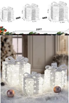 christmas presents are wrapped in white paper with silver bows and lights on them, surrounded by decorations