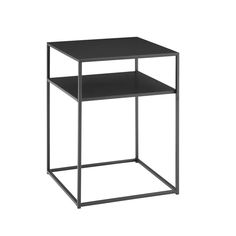 the side table is black and has two shelves on each side, one with an open shelf