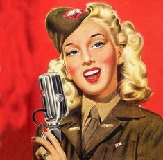 a painting of a woman in uniform holding a microphone and singing into the air with her mouth open