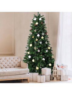 a living room with a christmas tree and presents