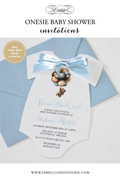 a blue and white baby shower is shown with the words, onesie baby shower invitations