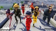 several cartoon characters are walking on a roof with their faces painted like ladybugs