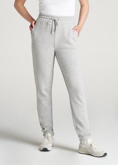 American-Tall-Women-8020-PD-HighWaist-Sweatpants-GreyMix-front Sporty Full-length Bottoms For Lounging, Gray Loungewear Pants With Elastic Cuffs, Relaxed Fit Pants With Elastic Waistband For Jogging, Sporty Full-length Bottoms With Elastic Cuffs, Sporty Straight Lounge Pants, Relaxed Fit Jogging Sweatpants Ankle-length, Sporty Straight Lounging Pants, Jogging Bottoms With Elastic Cuffs, Sporty Straight Pants For Lounging