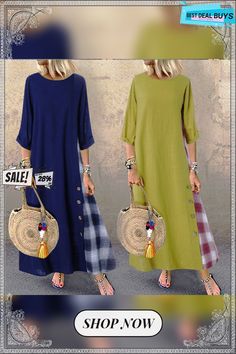 Plaid Short-sleeved Dress Casual Long Sleeve Shift Midi Dress, Summer Shift Dress With Half Sleeve, Casual Long Dress With Patchwork, Casual Long Sleeve Summer Dress, Non-stretch Long Sleeve Casual Dress, Casual Non-stretch Long Sleeve Dress, 3/4 Sleeve Dresses With Buttons For Fall, Long Patchwork Dress For Spring, Casual Patchwork Midi Length Dress