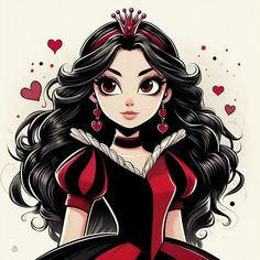 a drawing of a woman with long black hair wearing a red dress and tiara