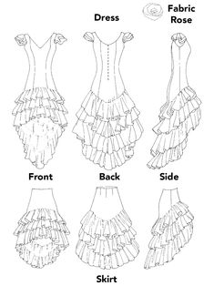 Misses Extra Small to Extra Large. Create a sensational fashion for dancing or dress-up with this sewing pattern, complete with lavish flounces that move with flash. The Dress has princess seams for a semi-fitted silhouette; the princess seams start from the shoulders rather than the armholes to facilitate arm movement. Flounced cap sleeves, V-neck front, scoop back neckline, and four layers of flounces attached to foundation tiers complete the garment. The Skirt has back waist darts and raised waistline and up to three flounces. Make it with all three flounces or just one flounce for a salsa-hot mini. Make simple-sew fabric Rose accessory to attached to dress or pin in hair. The skirt with one flounce also makes a great everyday skirt. Suggested fabrics: Silk or polyester dupioni, taffeta Frills And Flounces Illustration, Flamenco Dress Drawing, Skirt Frills Drawing, Ruffle Skirt Drawing, Flamenco Skirt Pattern, Spain Costume, Spanish Dress Flamenco, Flamenco Dress Pattern, Spanish Skirt