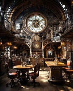 an elaborately decorated dining room with a large clock above the table