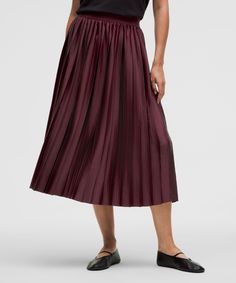 Ready For A Twirl. This Pleated Satin Midi Skirt Has An Eye Catching Sheen Thats Perfect For A Night Out. Designed For Casual. Hits Below The Knee To Just Above The Ankle. Pull-On Waistband. Laser-Cut Hem. | Satin Pleated Midi Skirt Burgundy Midi Skirt, Satin Pleated Skirt, Lululemon Skirt, Leather Midi Skirt, Neue Outfits, Satin Midi Skirt, Pleated Midi Skirt, Women Skirts Midi, An Eye